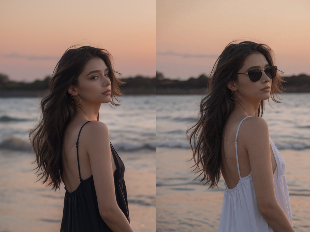 AI photo editing example showing before and after transformation - woman by the water with sunglasses added